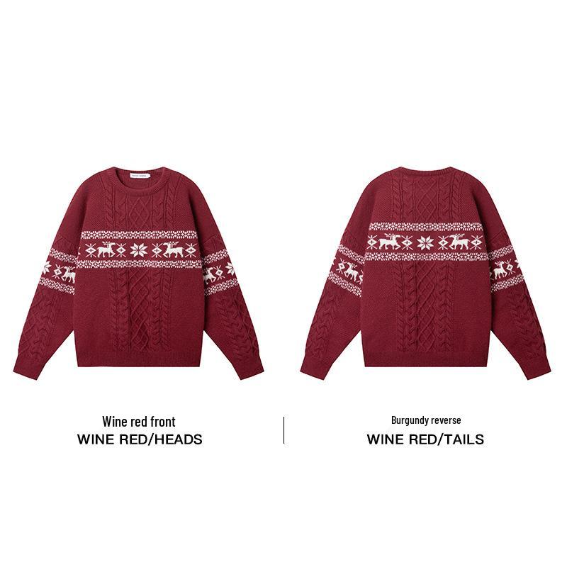 Unisex Red Round Neck Knit Sweater - Loose, Warm, Winter Wear for Couples. XL красный