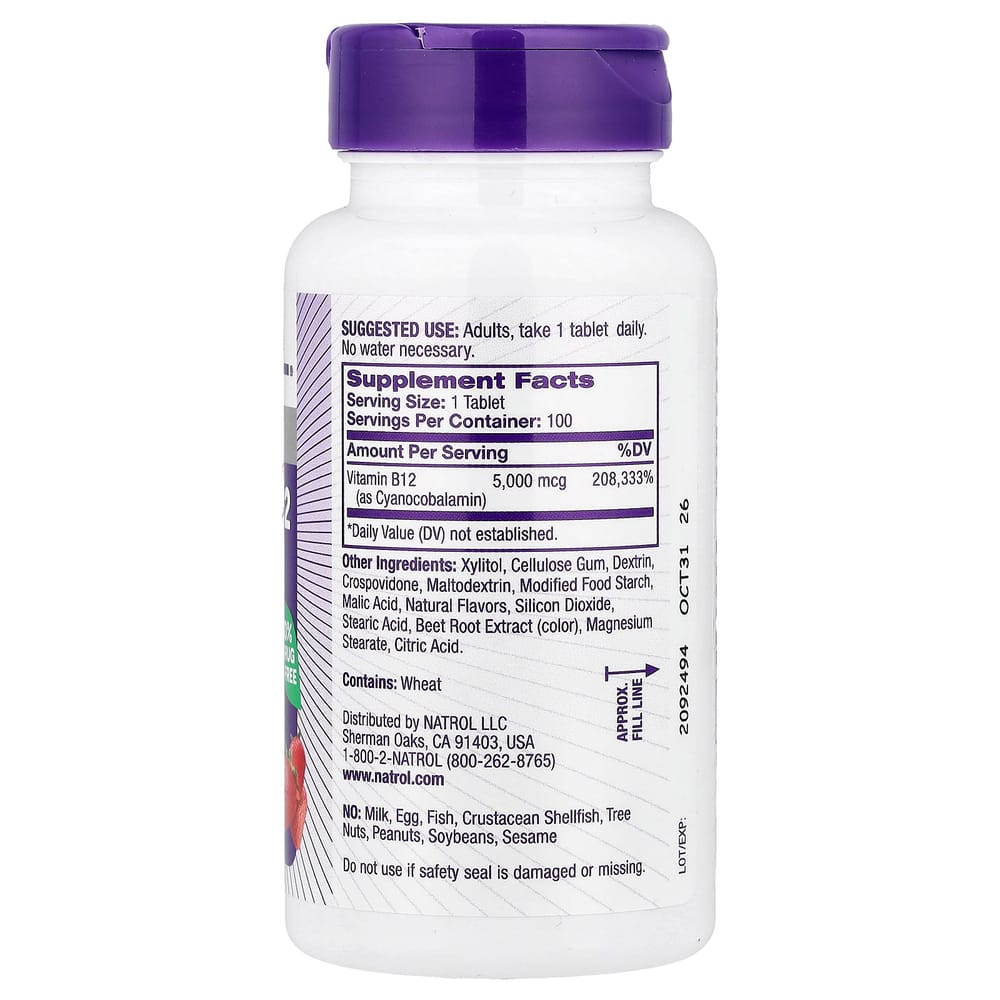 Natrol Vitamin B-12 Rychle se rozpouštějící Maximální síla Jahodová příchuť 5000 mg 100 tablet