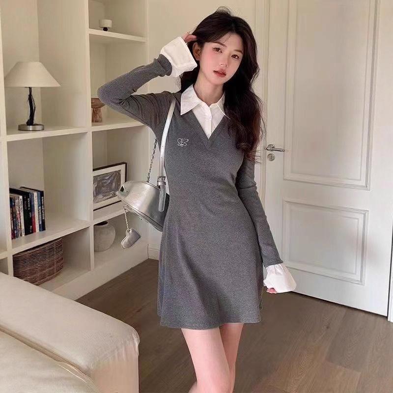 Fake Two-piece Gray POLO Collar Dress, Children's Autumn and Winter New Temperament, Spice Girl Bottoming, Hip-wrapped Skirt Inside