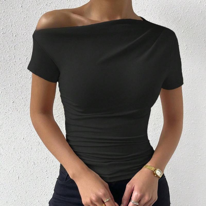 Spring and Summer Solid Colour Fashion Slim Drawstring Irregular Collar Short Sleeve T-Shirt Top