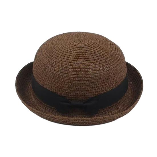 Parent-child Beach Hat Dome Curved Brim UV Protection Hat Handwoven Summer Outdoor Straw Hat with Black Satin Ribbon Bow