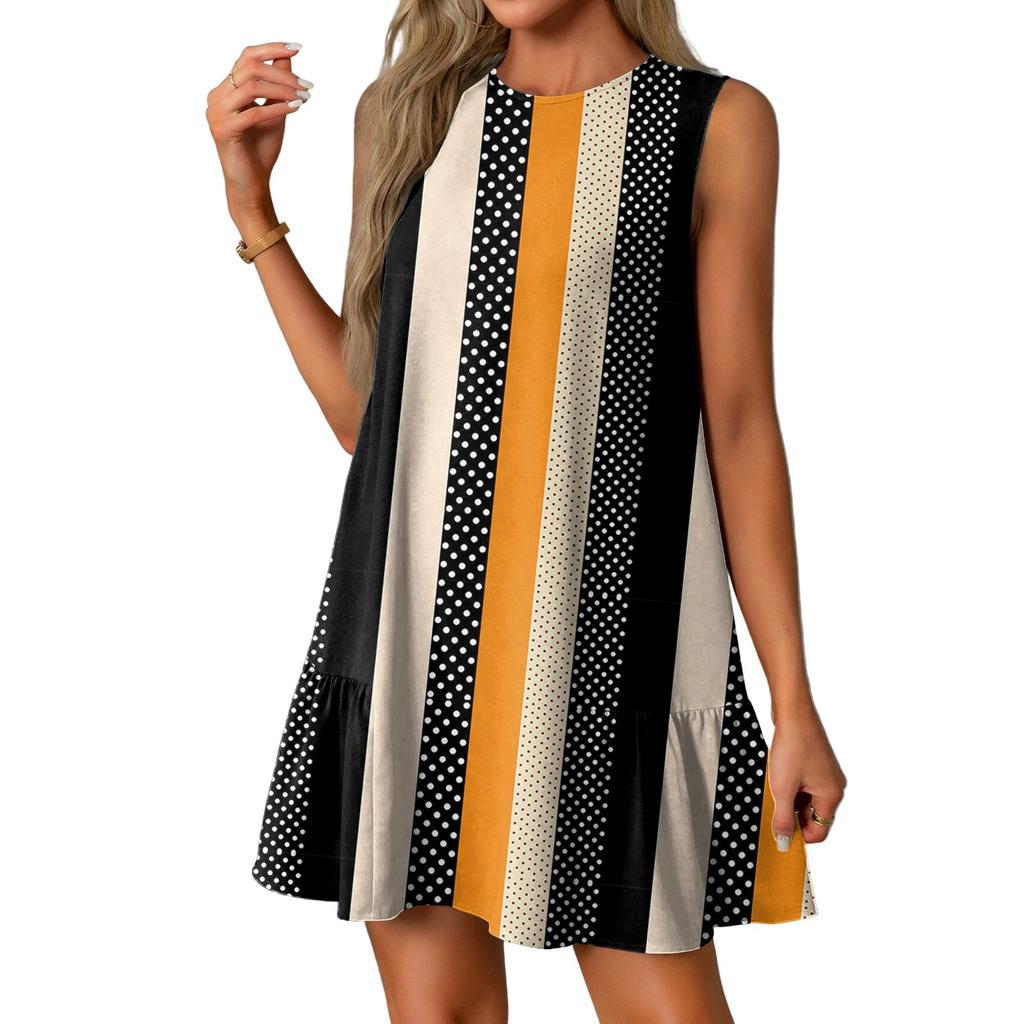 Women's Fashion Casual Sleeveless Round Neck Ruffle Vintage Printed Dresses