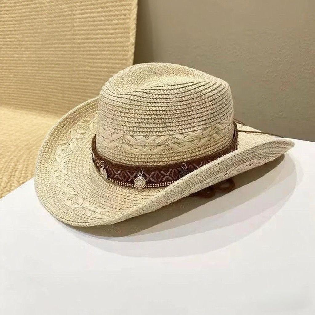 Ethnic style iron sheet decorative straw weaving western cowboy hat women's outdoor UV protection holiday sunshade sun climbing hat