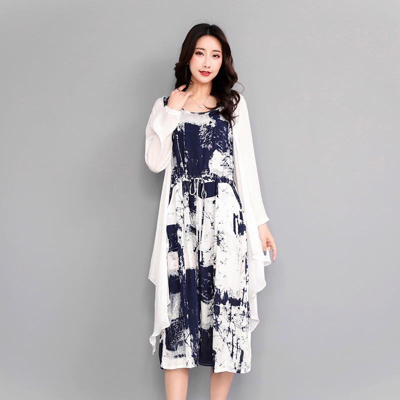 Summer Ethnic Ink Print Dress & Cardigan Set