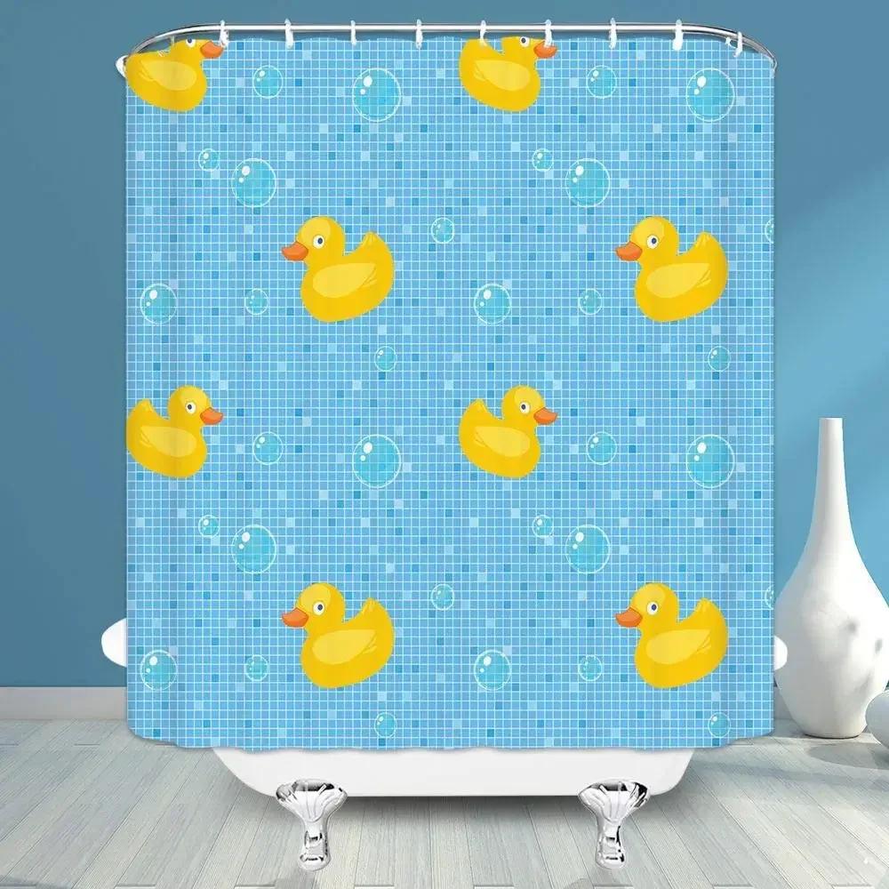 Duck Shower Curtain Cartoon Character Taking A Bath Colorful Drops Backdrop Dots,Cloth Fabric Bathroom Curtains With Hooks