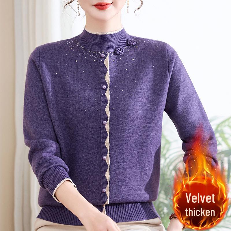 

Elegant Velvet Knit Sweater for Stylish Middle-Aged & Elderly Women - Half-High Collar Autumn/Winter Base Layer XL (For 90-105 Jin)