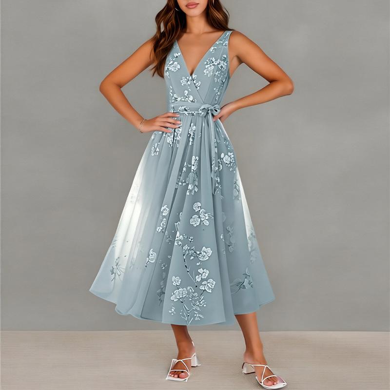 2026 women's spring new, Amazon cross-border Europe and the United States, elegant temperament printed waist lace-up dress