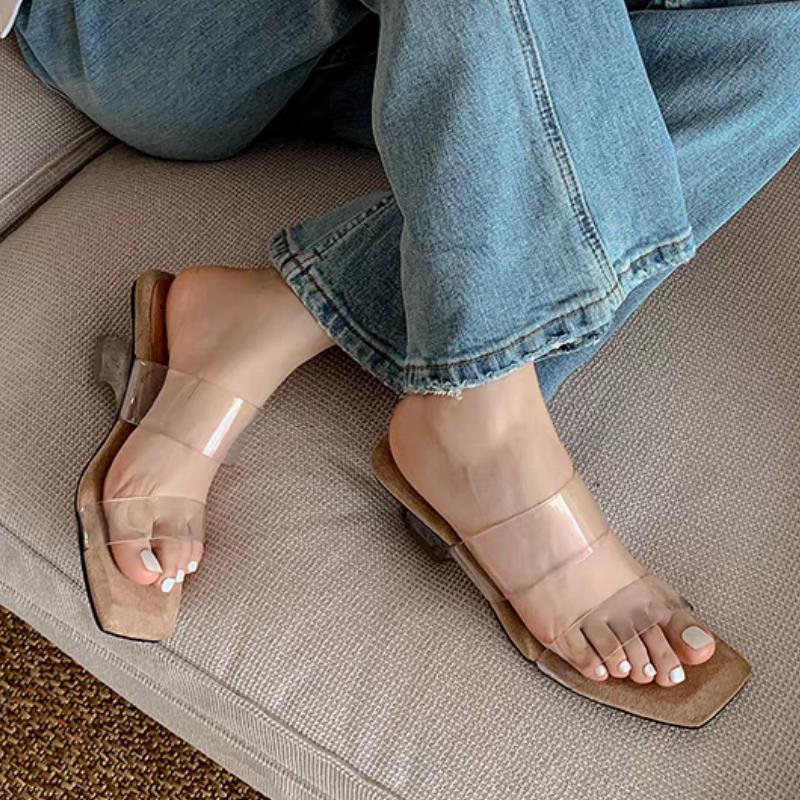 Fashion Designer Women's Mid Heels Slippers Square Toe Pvc Heeled Sandals Woman Shoes 2025 Trend Summer New Slides Fashion Chunky Pumps