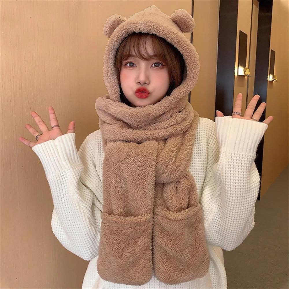 Autumn Winter Women Warm Caps Cute Bear Ear Hat Scarf Gloves Set Warm Casual Plush Hats Solid Fleece Warm Hats Accessories
