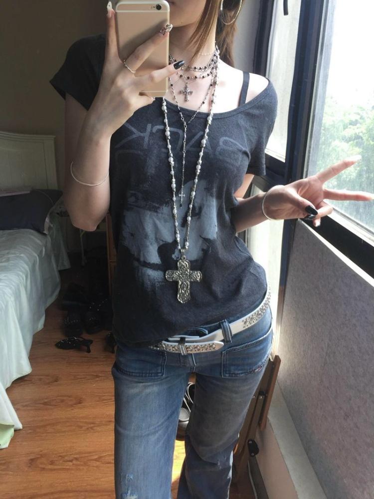 Girls Y2K Tees Black Retro T-shirts For Women Letters Thummy Control Long Style Party Tops
