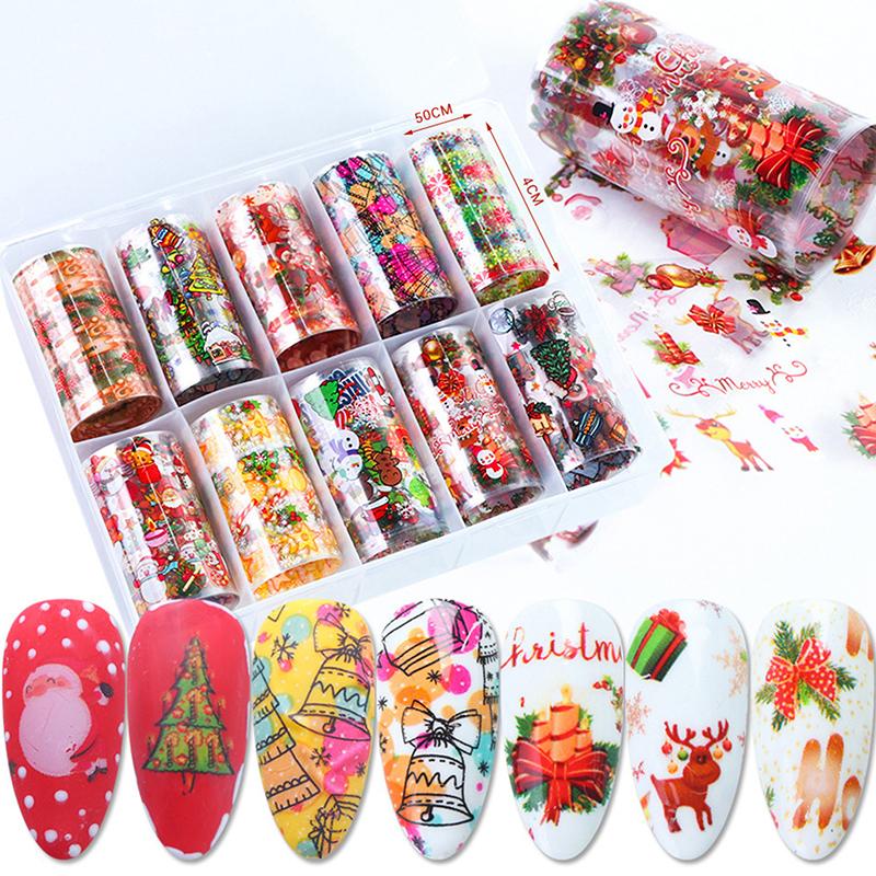 

10Pcs/Set Christmas Collection Starry Sky Nail Stickers Santa Claus Cartoon Elk Snowflake Self Adhesive Slider