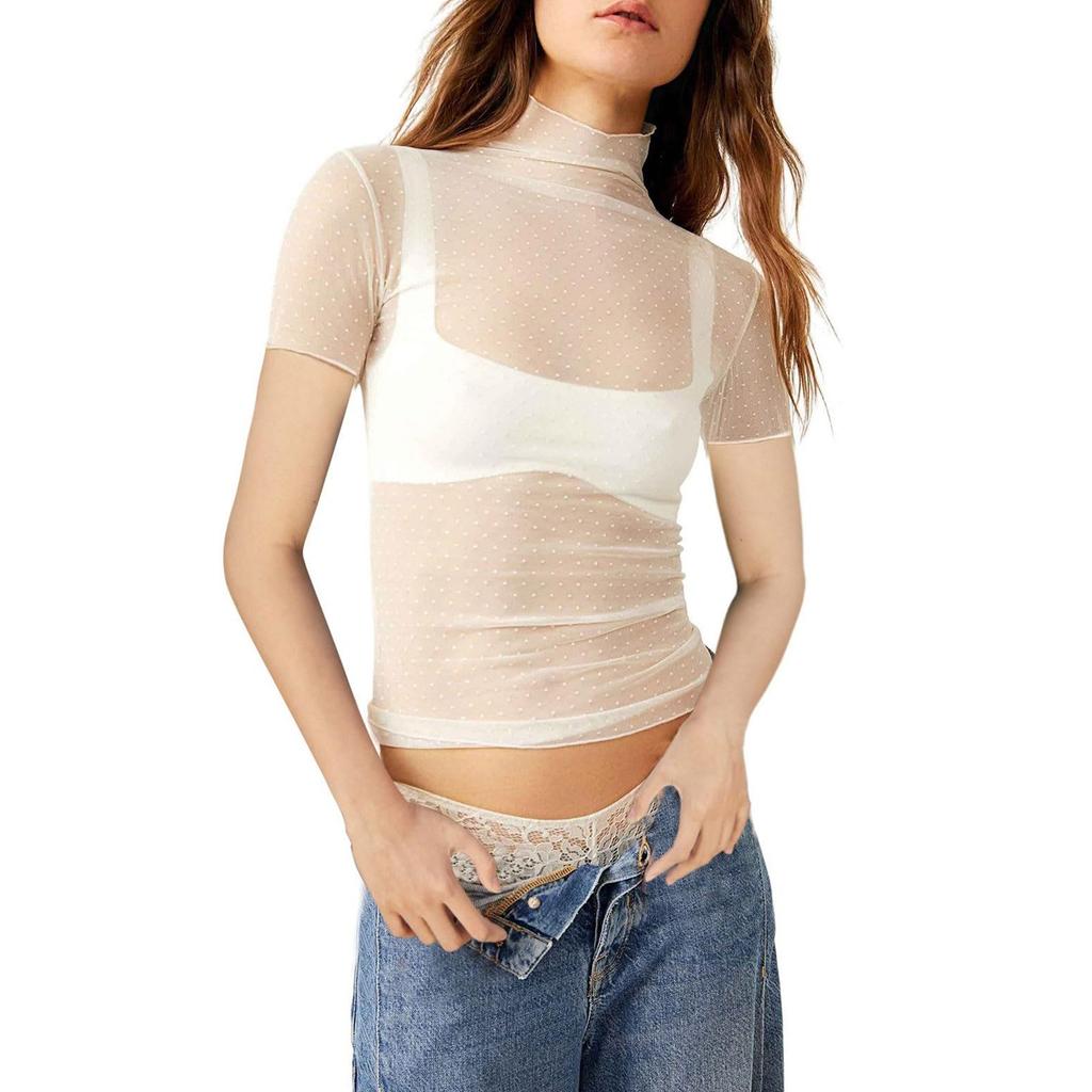 Women's Solid Color Mesh Short Sleeved Half High Neck Base Small Shirt Top Small Shirt Top