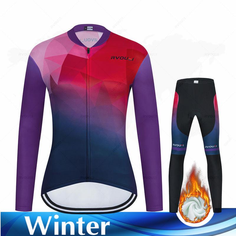 Thermal Long Cycling Jersey Set for Women, Outdoor Fleece, Riding Bike, MTB Clothing, Long Pant Suit, Ladies Cycling Clothes
