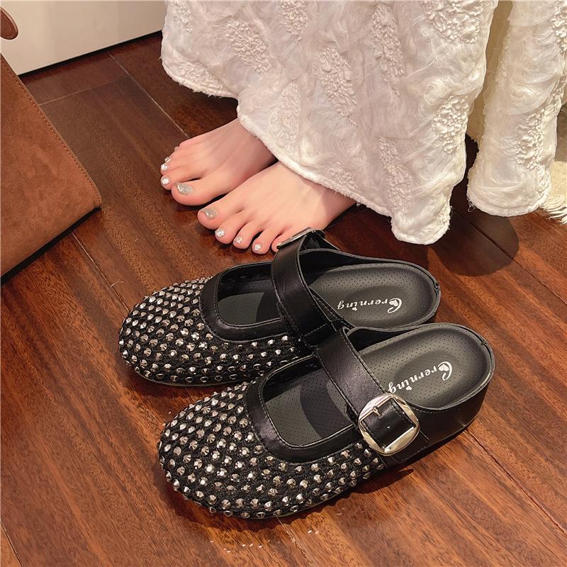 thick-soled inner height-increasing rhinestone bag head half slippers women's summer wear new fishing net shoes cool slippers single shoes