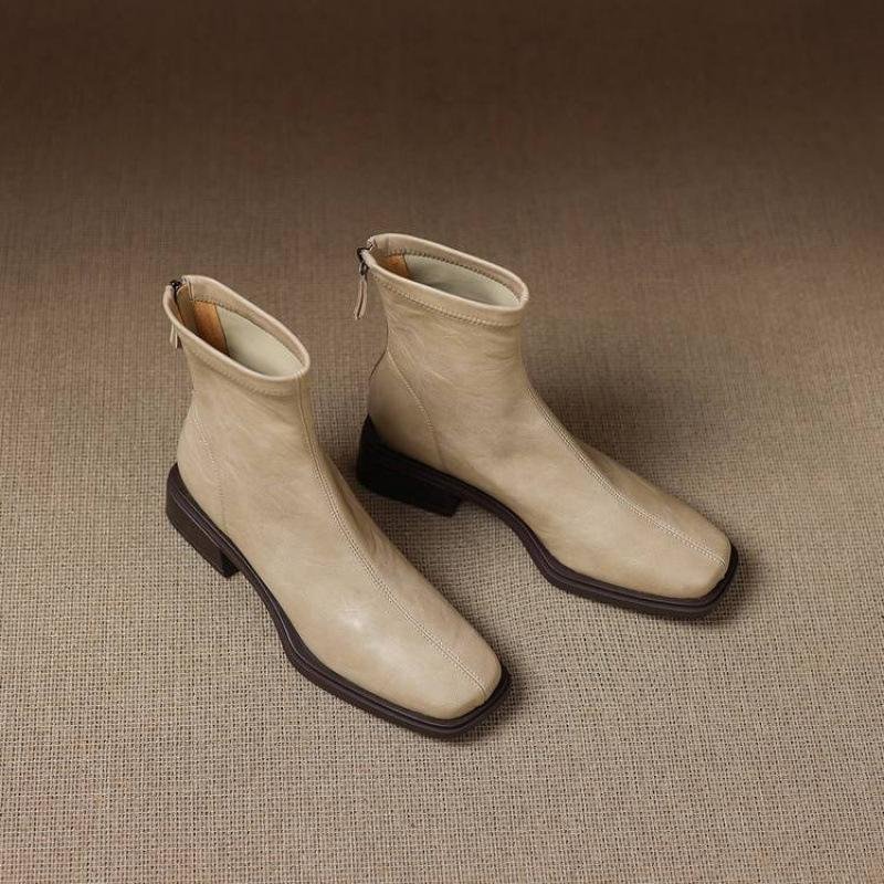 

New women s versatile low boots solid color medium heel square head large size women s leather boots autumn and winter rubber sole fashion boots women 40