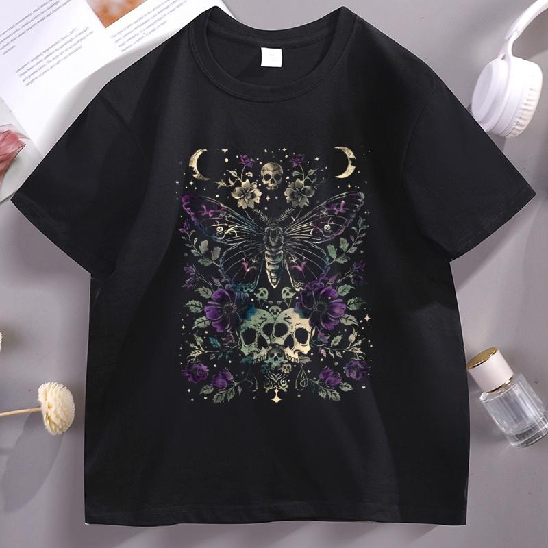 Gothic Moth T Shirt Unisex Unisex Witchy Floral Skull Tee Dark RoUnisexce TShirt Unisex Unisex Vintage Cotton Short Sleeve Tshirt Clothes
