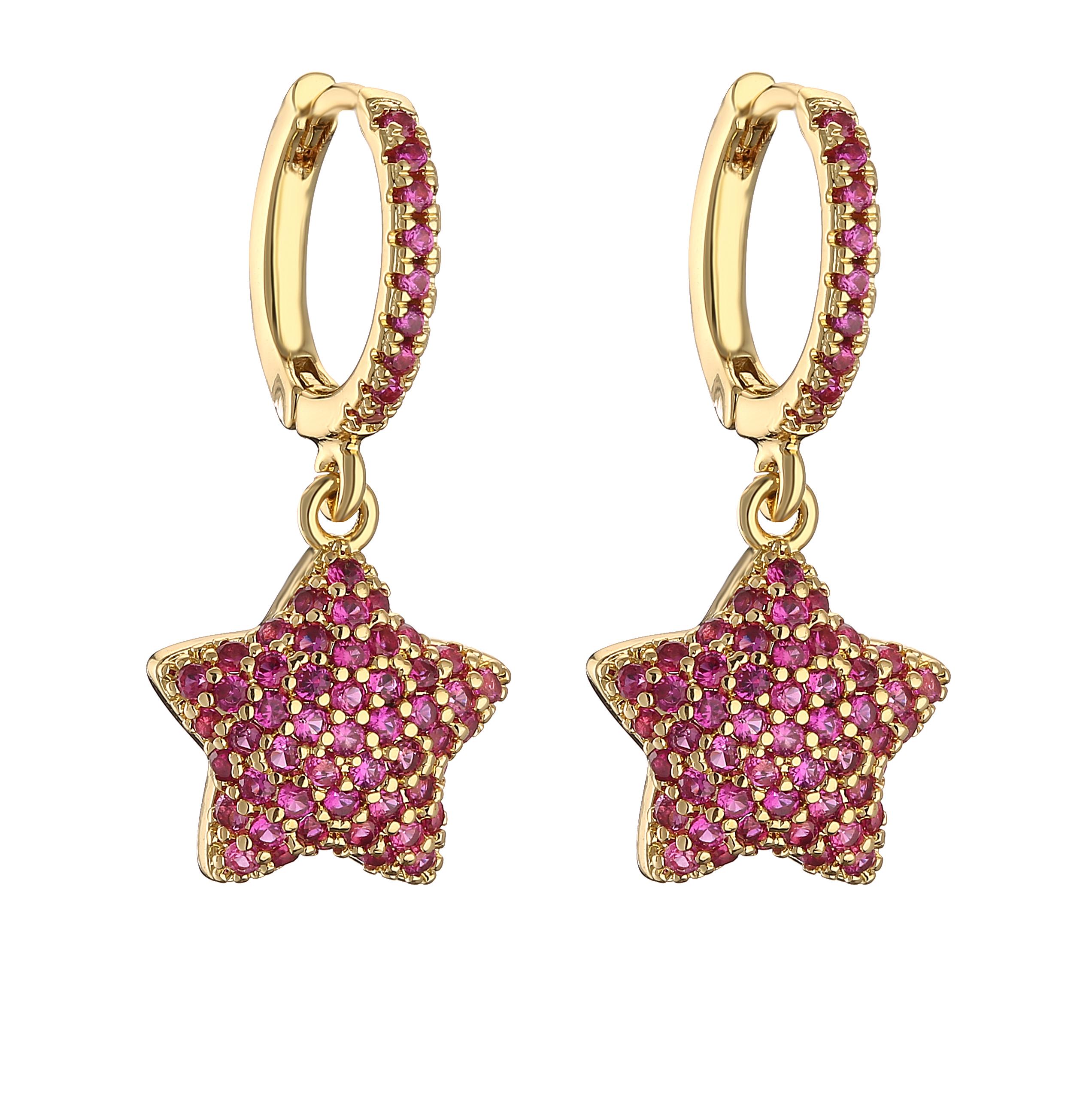 

HECHENG,Shiny Zircon Crystal Dangle Hoop Earrings For Women Punk Geometric Star Pendant Hoop Earrings 2023 Zircon рожевий червоний колір