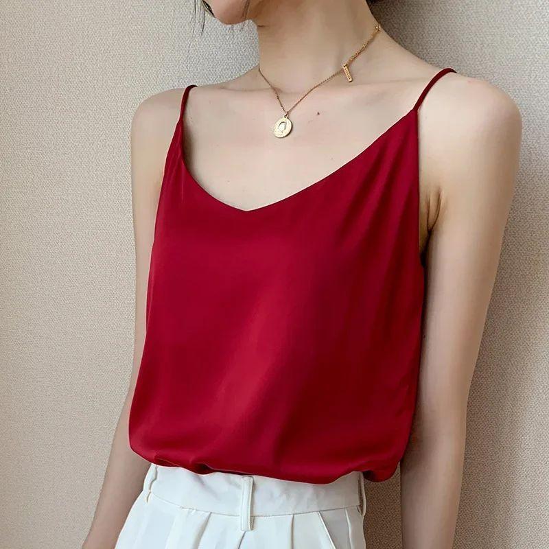 Solid Color Satin V-neck Tank Top for Women Pure Color Satin V-neck Strap Female