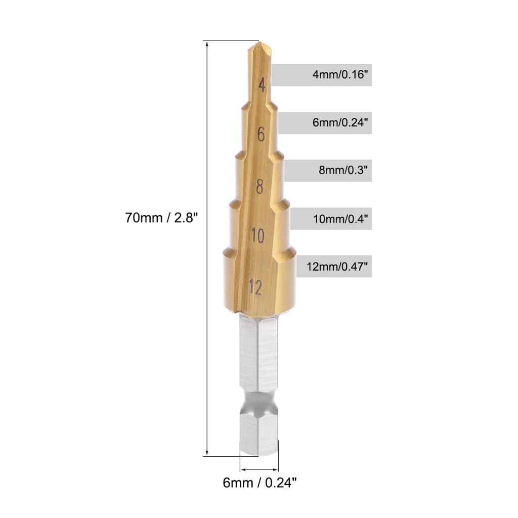 4mm To 12mm 4mm To 20mm Step Drill Bit HSS 4241 Titanium Coated Straight Flutes Hex Shank for Metal Wood Plastic