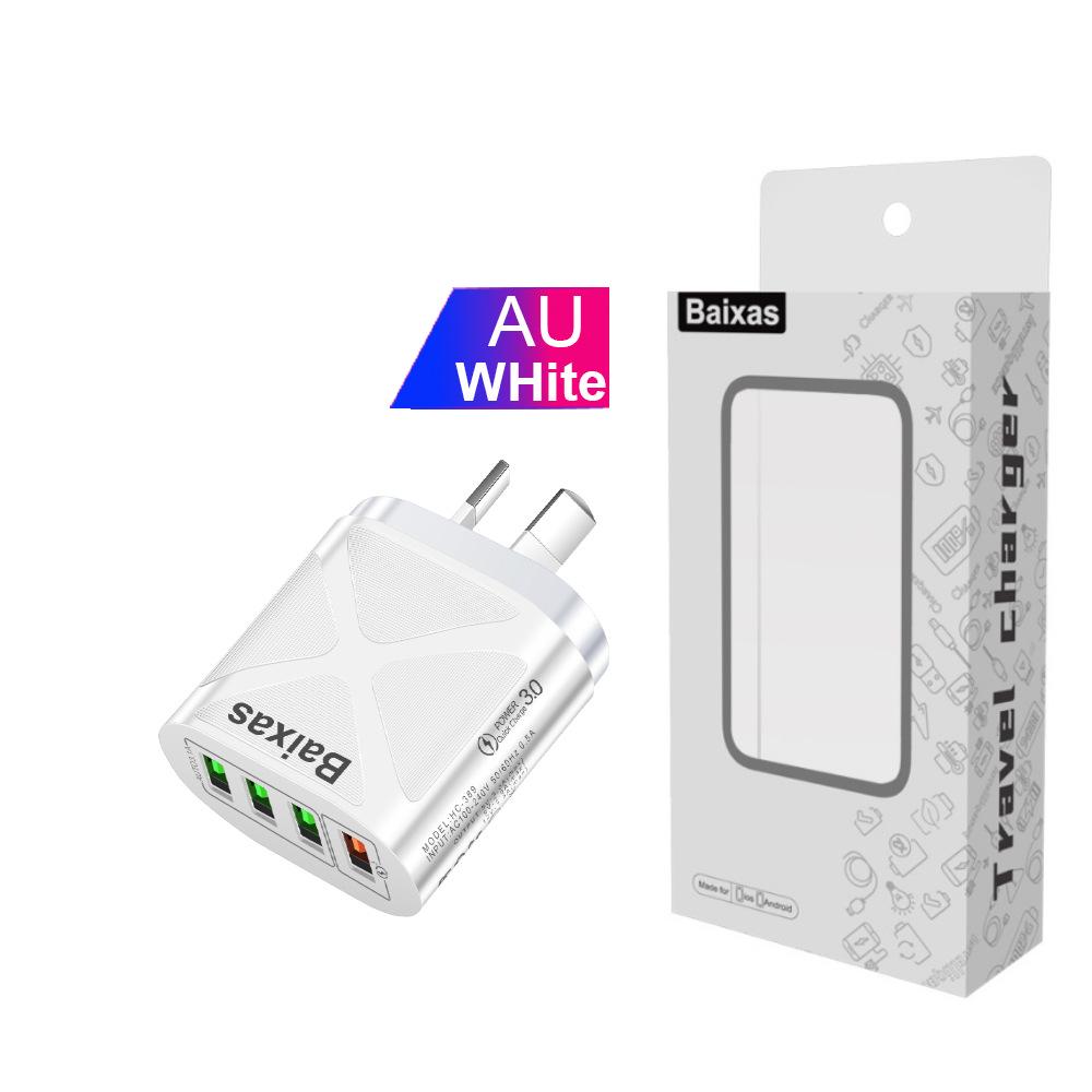 Multi-Port USB Fast Charger QC3.0, 4 Ports, 5V/9V/12V, Compatible with EU/US/UK/AU Standards