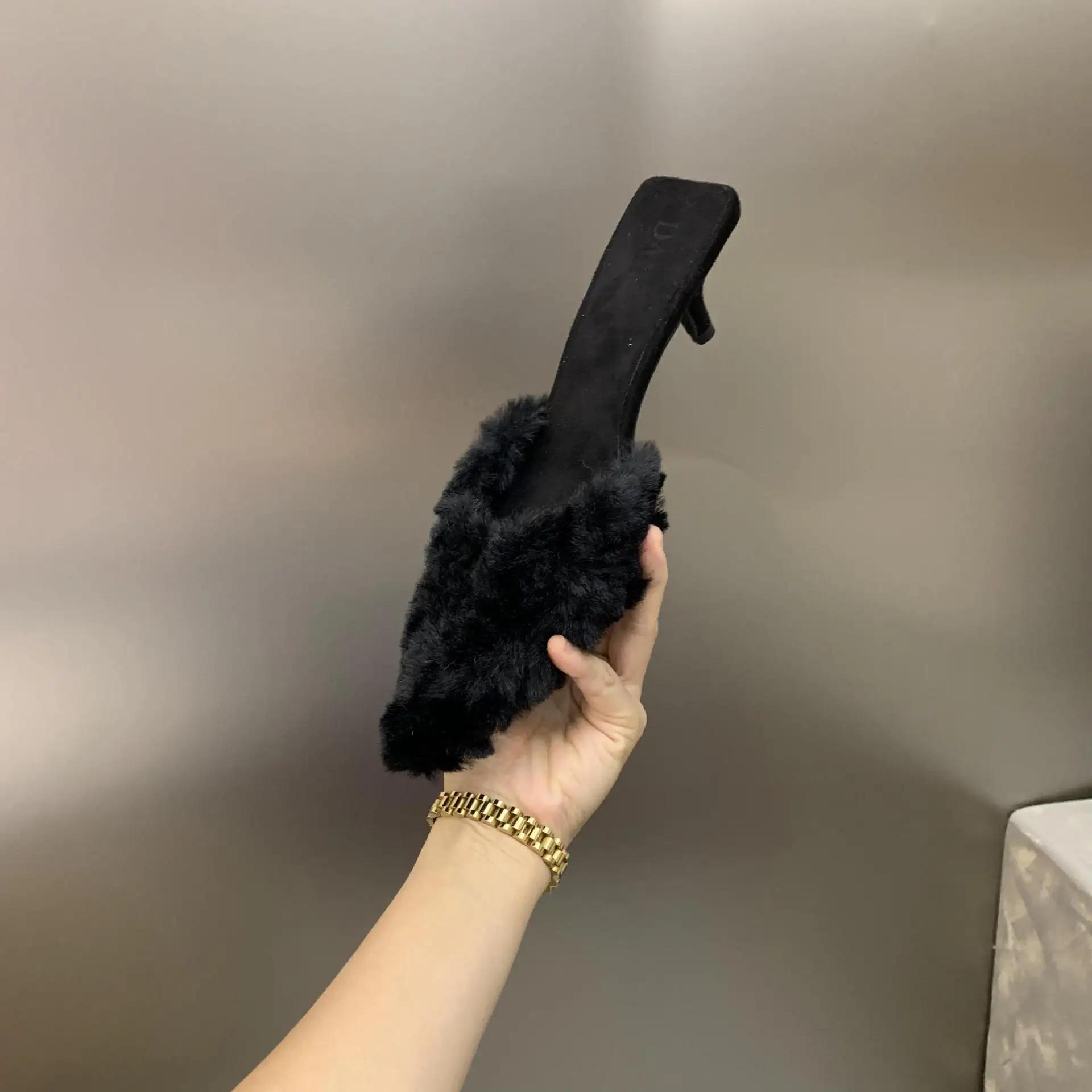 

Зимние тапочки Мюли Остроносые туфли на высоком каблуке Женские осенние новые модные шлепанцы Офисные тапочки для улицы Zapatos De Mujer 40 чёрный