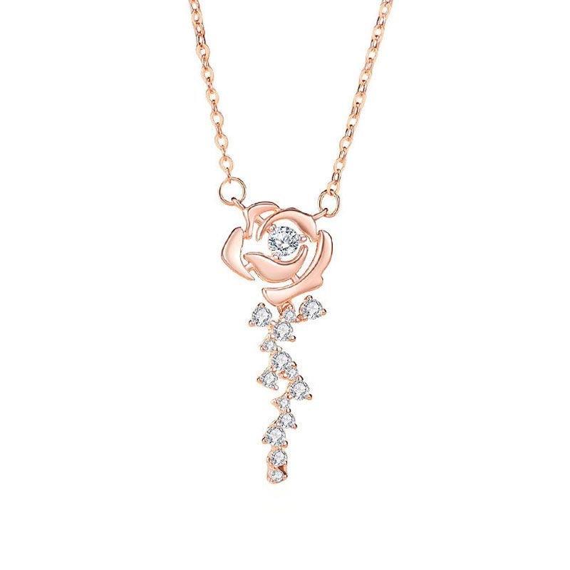 Rose Necklace for Women French Retro Flash Diamond Small Flower Clavicle Chain Light Luxury Simple Flower Necklace Valentine's Day Gift for Girlfriend