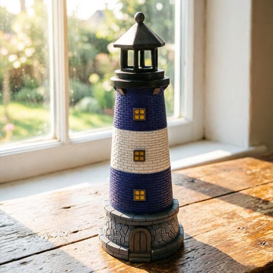 Lighthouse Ornaments Solar Powered with Rotating Light Effect Ornament Waterproof Resin Garden Decor for Lawn Patio Balcony