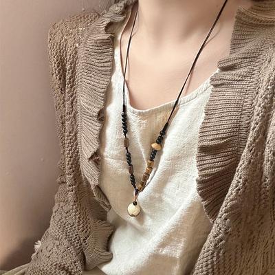 GemChic Women's New Vintage Pine Seed Wood Beads Pendant Necklace Versatile Long Chain Fashion Birthday Christmas Jewelry Gift