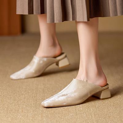 Fashion Women's New Spring and Summer Square Head Leather Retro Cow Leather Large Size Simple and Comfortable Baotou Muller Slippers