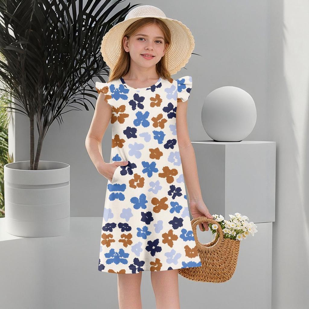 Children's Flying Sleeve Round Neck Summer A-Line Casual Holiday Floral Print Loose Dress