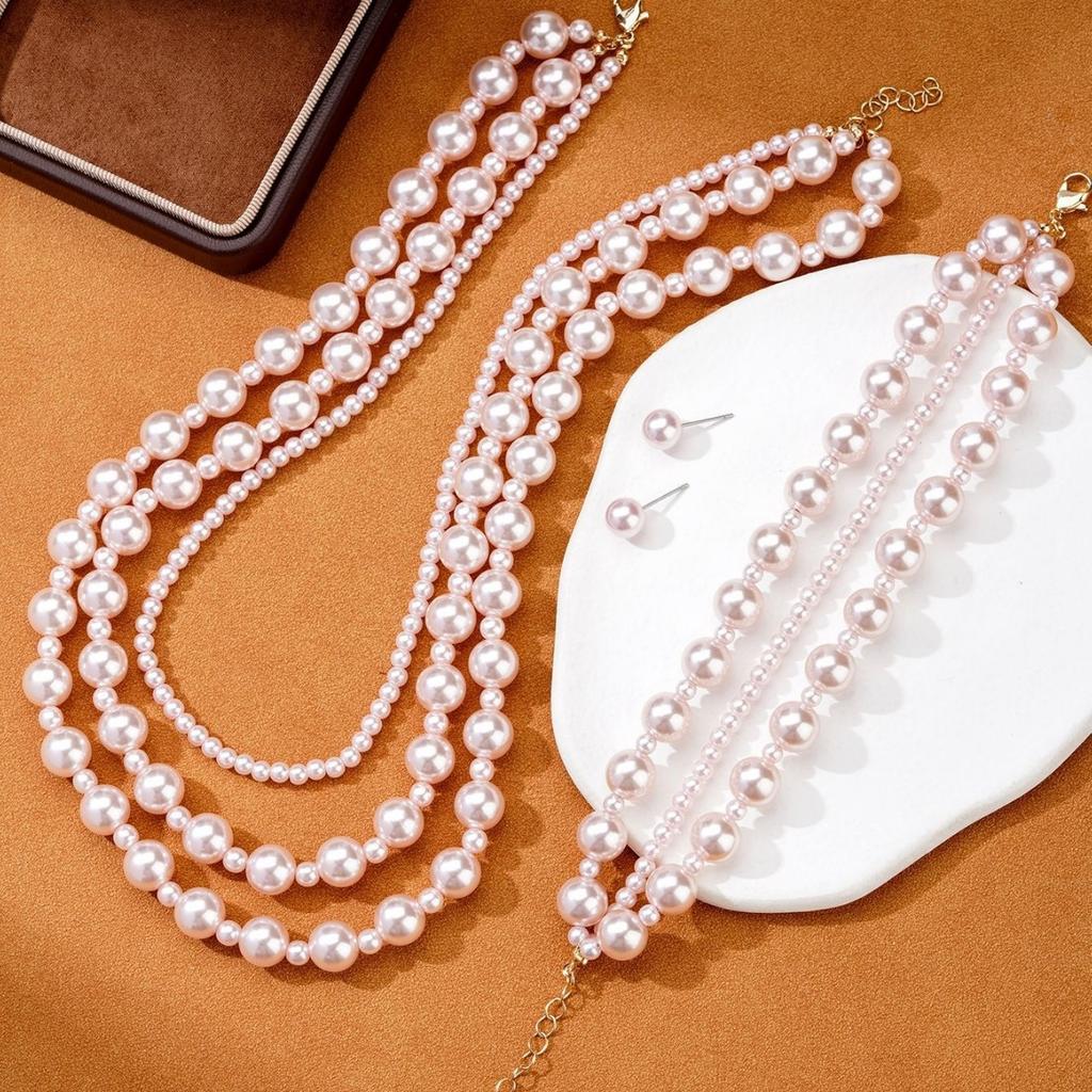 Multi-layer Shijia Pearl Temperament Versatile Elegant Necklace Bracelet Stud Earrings Three-piece Set