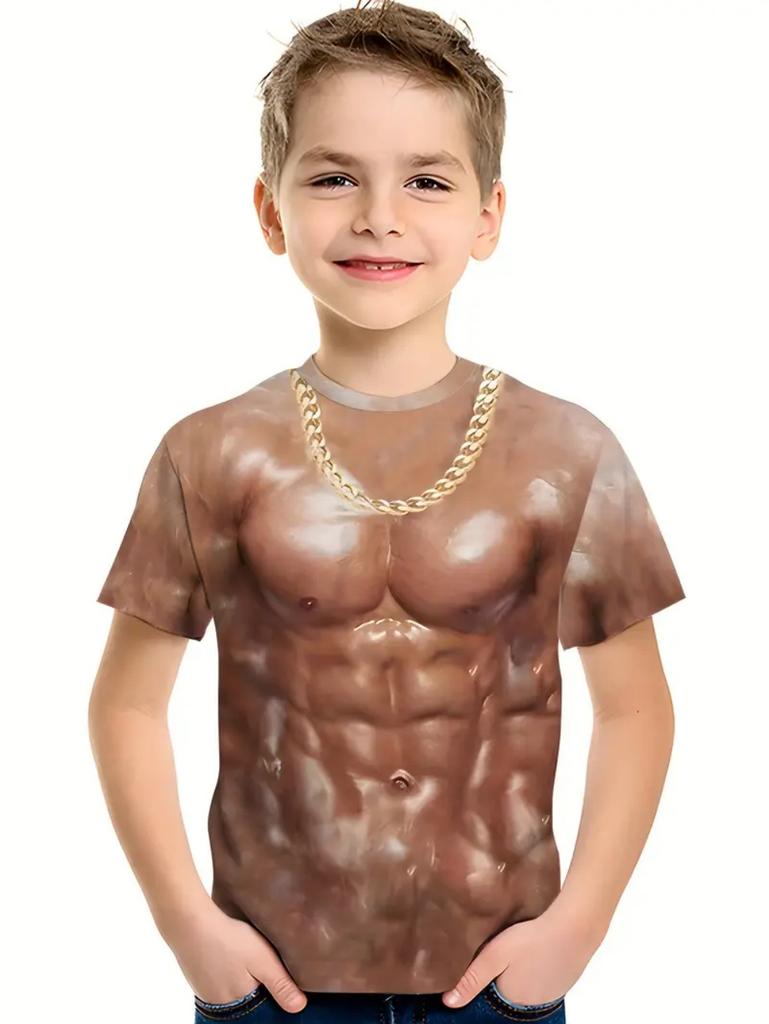 Muscle Kids T-Shirt Muscle Print T-Shirt Summer Beach Holiday Boy Short Sleeve 3D Digital Printing T-Shirt Casual Children Tops