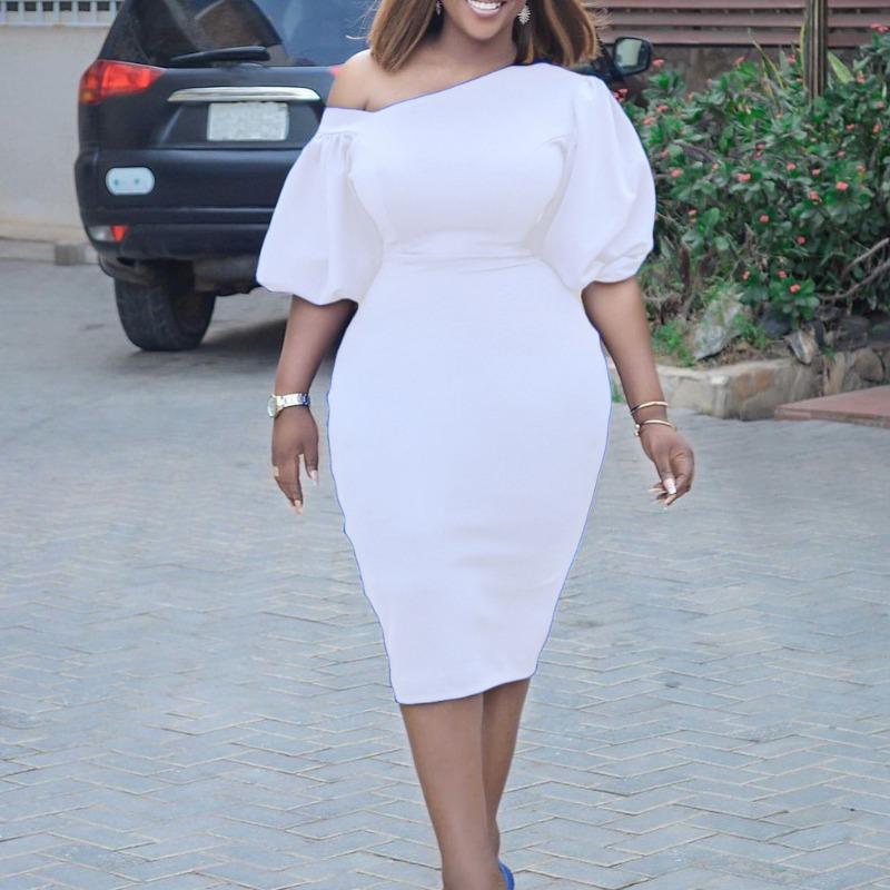 Women's clothing  summer new solid color slanted shoulder bubble sleeve temperament Tongle large size dress