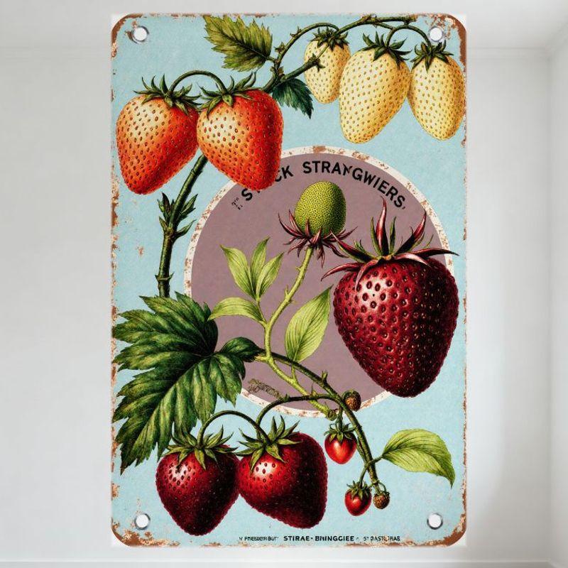 Винтажная ботаническая клубника Металлическая жестяная табличка в стиле 19 века Светло-голубой фон Деревенские металлические заклепки для дома Бара Кафе Стены 20x30cm（7.8x11.8inch）