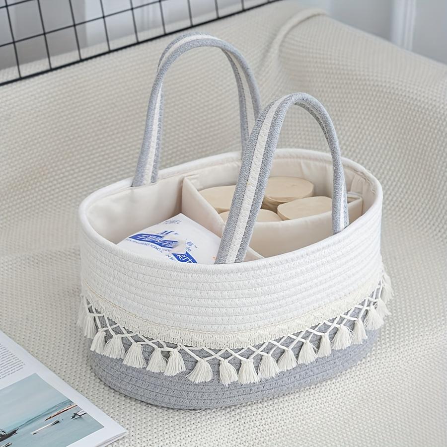 

A Multifunctional Storage Basket with Dividers, Portable for Organizing Bottles And Diapers, Handcrafted with Rope, Shelf Basket сірий