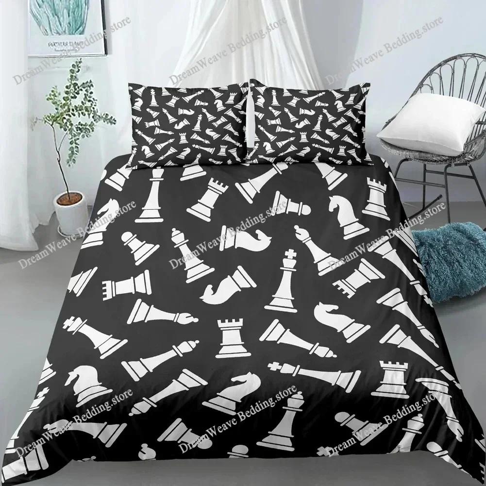 Chess Board Duvet Cover Set 3D Print International Chess Black White Comforter Cover for Boys Girls Polyester Bedding Set