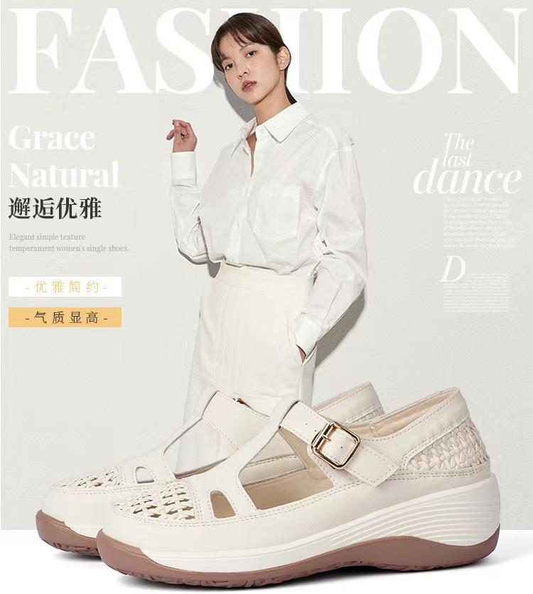 Weiße Taschenkopf-Sandalen aus weichem Leder für Damen 2025 neu Sommer gewebt hohl dicksohliger Keilabsatz weichsohlige Damen-Freizeitschuhe