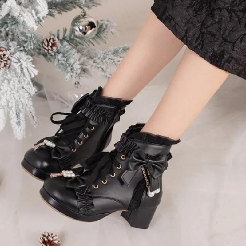 Lolita Great Quality Block High Heels Women Ankle Boots White Shoes Lace Decor Lace Up Chunky Heeled Bow Boots for Women