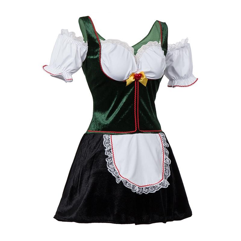 Charming Green V Neck Dirndl Costume Featuring Lace Design Ideal For Oktoberfest Events
