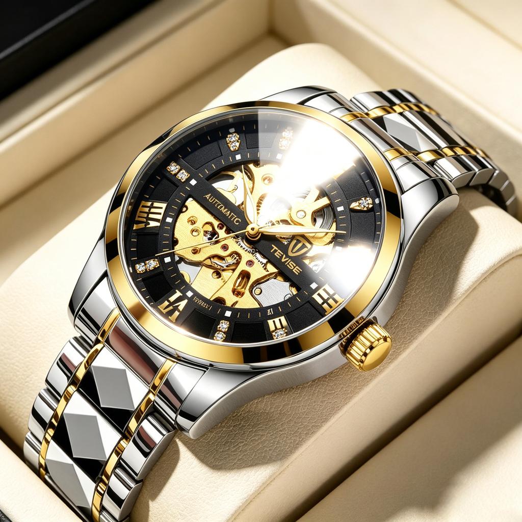 Custom Brand Hollow Dial Automatic Mechanical Watch for Men Stainless Steel Band Crystal Waterproof Wrist Watch Reloj De Lujo