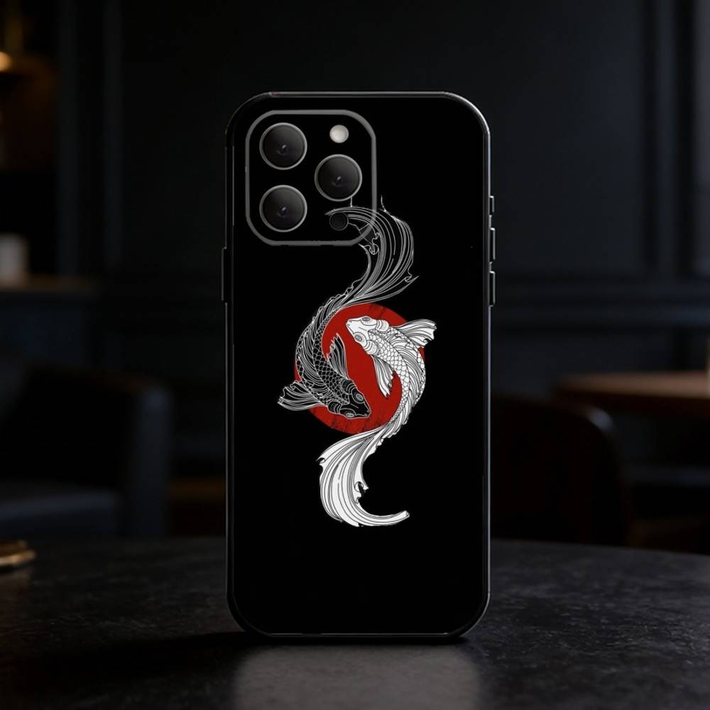 Koi Carp Fish Yin Yang Art Phone Case For iPhone 17,16,15,14,13,12,11 Plus,Pro,Max,Mini Silicone Black Soft Cover