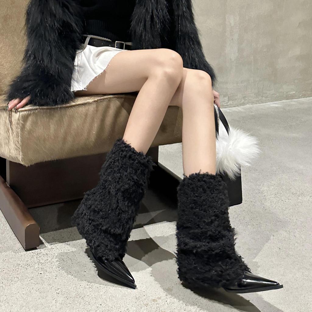 Sheep curly splicing pointed short boots autumn and winter new fashion mid-tube boots Internet celebrity fashionable mid-heel trouser boots