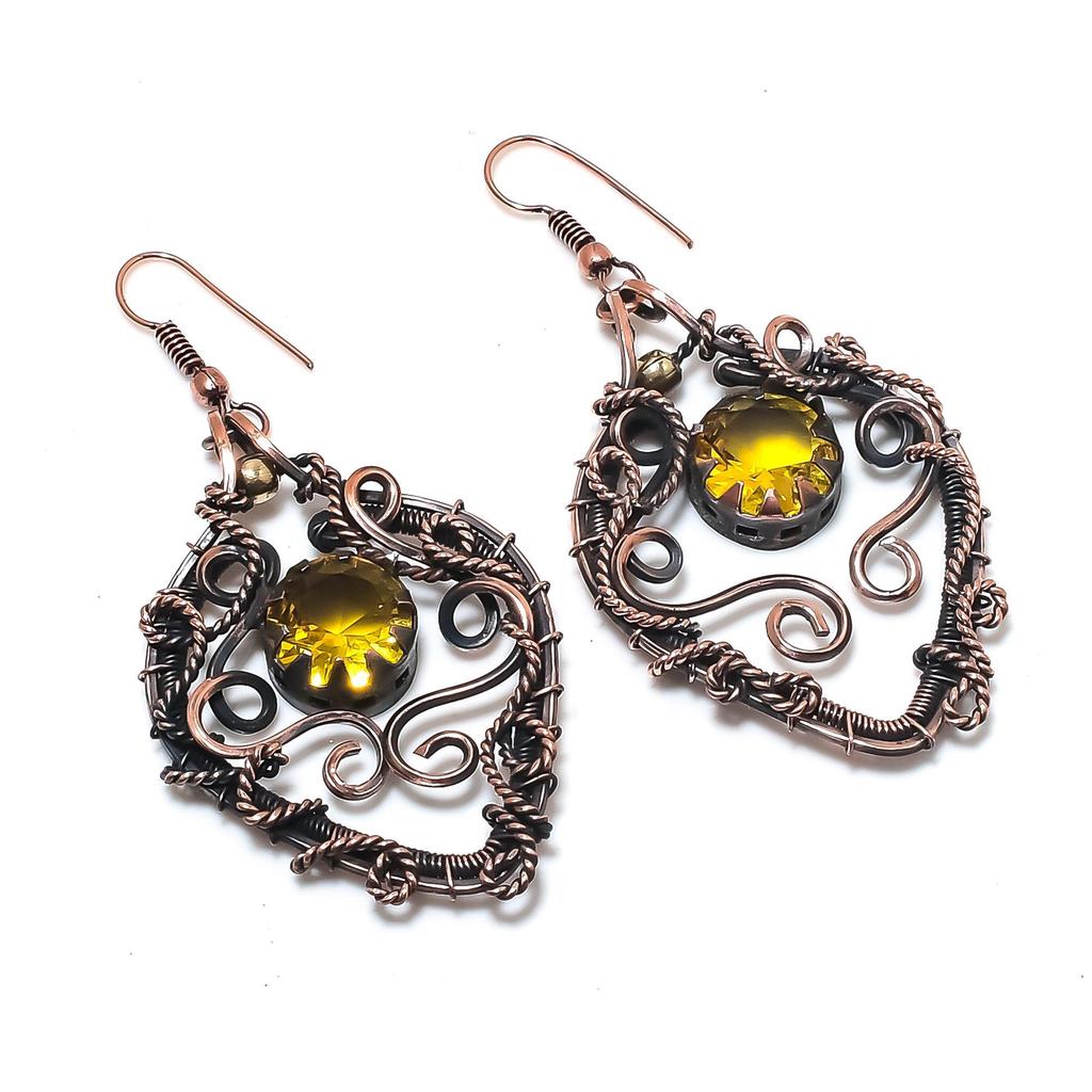 Citrine 999 Copper Wire Wrapped Earrings, Handmade Gemstone Jewelry Earrings For Memorial Day