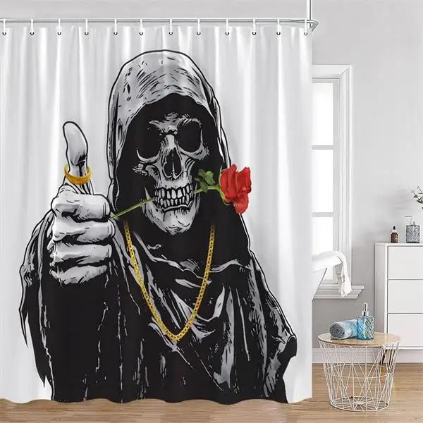 Floral Skull Shower Curtain Red Rose Flowers Skeleton Horror Halloween Bath Curtains Polyester Home Bathroom Decor with Hooks
