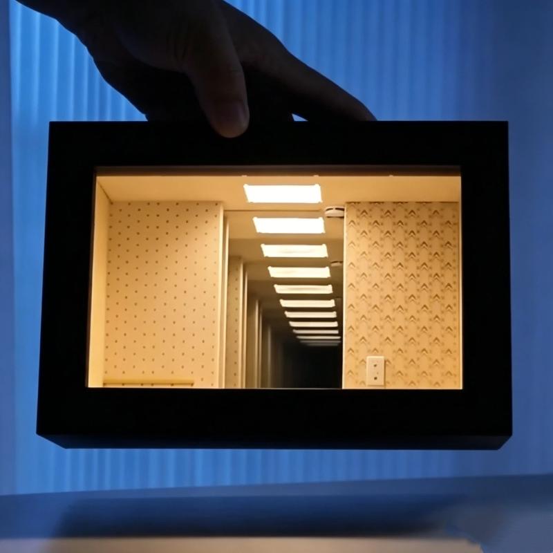 Wooden LED Abyss Mirror Photo Frame Creative Minimalist Desktop Ornament for Blind Box Figure Showcase Home Living Room Decor A1