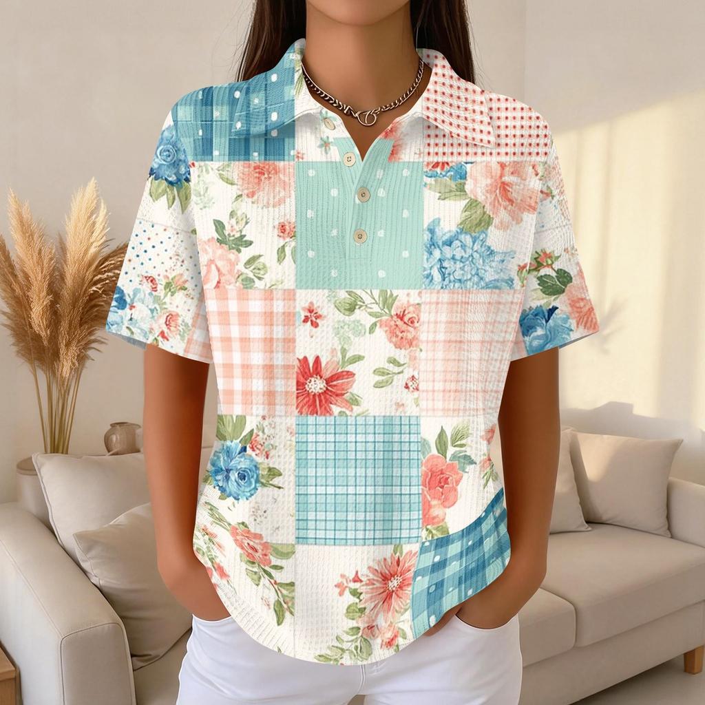 Women Fashion Casual Short Sleeve Waffle Knit Polo Collar Top with Patchwork Floral Print Loose Fit Button Down Shirt