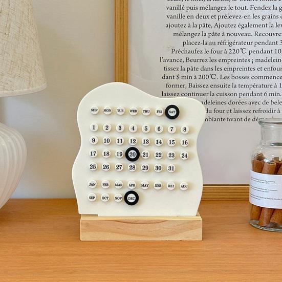 Student Study Desk Accessory Perpetual Block Calendar with Date Marker, Reusable Desktop Wood Base, DIY Ring A Daily Planner for Office Home