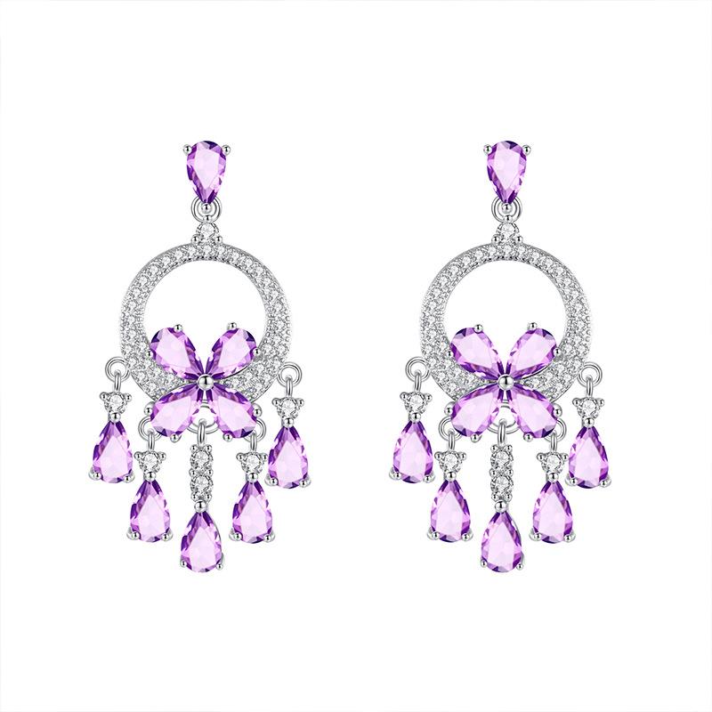 S925 Silver Colorful Crystal Tassel Earrings French Palace Style Drop Earrings