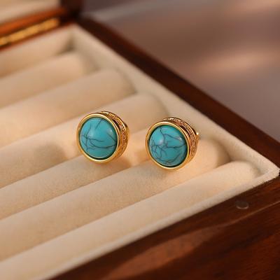 Neue Vier Jahreszeiten Retro Runde Kupfer Zirkon Türkis Ohrringe Damen Exquisiter Schmuck 2024