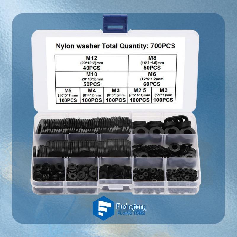 Black Nylon Flat Washer, PA66, Sizes M2-M12, 480-780 Pcs.